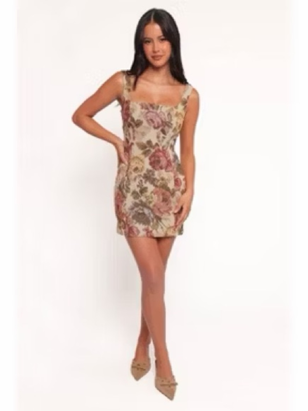 Commense Floral Square-Neck Mini Dress in Beige and Rose - Picture 1 of 9